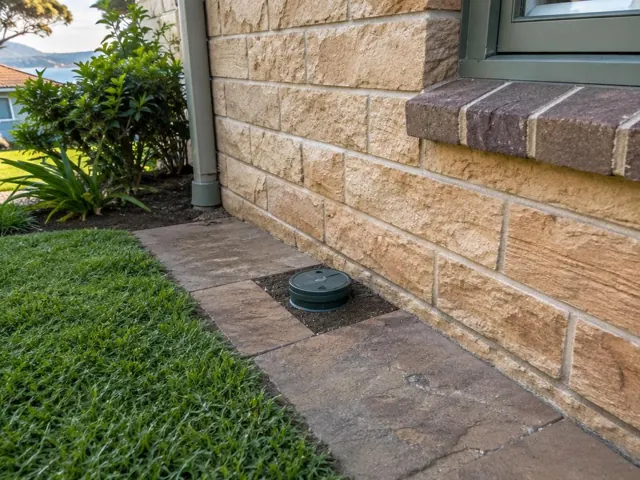 Capped sewer inspection opening in paved side yard beside a brick house in Dover Heights